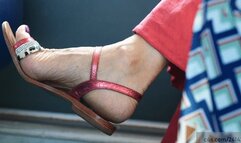 Candid mature wrinklend heel in summer sandals, foot fetish details