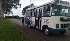 Shescamore the sexy bus driver pedal pumping and driving the FFP Bus