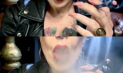 Close-up - Black cigarette - Genuine leather jacket - Audible inhalations, Deep Inhales, Mouth Inhales and open mouth exhales, Multiple pumps, Nose exhales, Red lipstick