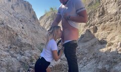 Beautiful blonde gets Mouth Fucking and cock stuffed in her mouth outdoors in the mountains