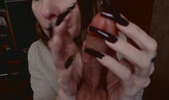 long natural nails in dark red play with dildo