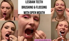 Lesbian Teeth Brushing and Flossing with Open Mouth