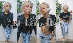 Crushing TWO cigarettes outdoors with new trainers and leather jacket - Kinkerbell23