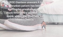 HD NURSE Giantess unaware A tiny shrunken patient has been sniffing her sneakers and get stuck through the sneaker soles inside where she Smothers him again and again