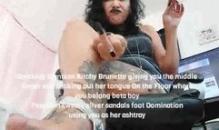 Miov Smoking Giantess Bitchy Brunette giving you the middle finger and sticking out her tongue On the Floor where you belong beta boy FemDom sweaty silver sandals foot Domination using you as her ashtray