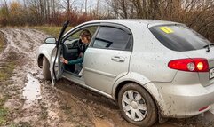 CAR STUCK Novice driver stuck in mud