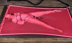 Rope bondage with vibro in a pink latex bed