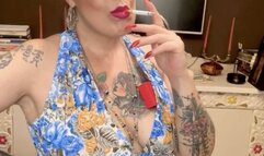 Marlboro reds - Beautiful mature woman seven months pregnant, wearing her pretty blue dress, red lipstick and long red nails - Deep Inhales, Coughing, Long drag, Smoke rings, Crush