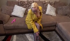 Dildo play in yellow coat and black pantyhose