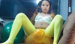 Sexy Juju Sensually Sits To Pop 14 Inch Belbal Crystal Balloons In Green Lingerie
