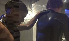 Latex slut bent over toilet gets it in the ass and jerks off