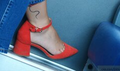 beauty feet with sexy red sandals, foot and shoe fetish watching