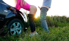 Real Amateur Couple came to Nature to have Sex near a Car in the Rays of Sunset