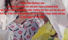 Latina Mild Giantess Lola Eats too much take out and gets a gassy bloated belly her tummy starts grumbling after stuffing her face and she sits and lets out a big Fart and realises she has to take a huge dump and pee so she rushes to the toilet mkv