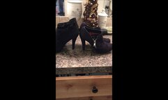 Sexy Banker Babe Debbie Wearing Black Stiletto Spiked Heel IMPO Ankle Boots with Leggins to Work & Fucks Hubby in Them Afterward a Long Day 4