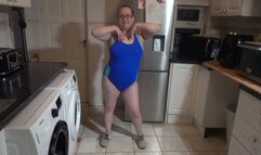 blue swimsuit and sneakers