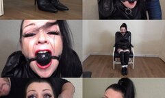 Evil emma leather bound mistress, ball gagged and otm gag (wmv)