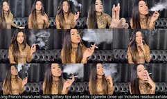 Long French manicured nails, glittery lips and white cigarette close up! Snaps, nose exhales, audible inhales, OMI's, visible smoke, residual exhales and more!