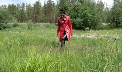Hotty in high heels over knee boots and full leather outfit walks through a swamp and mud