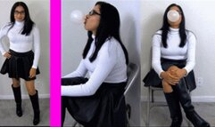 eRica shows us how she chews gum and blows bubbles while wearing a white turtleneck & leather skirt!