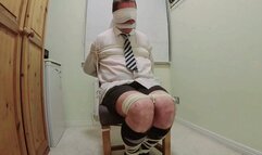 Miss M and her victim tied to a chair and struggling in school uniform