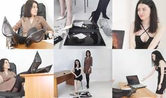 High-heeled student and teacher fight over an exam and a long-haired hottie smashes her laptop with her heels