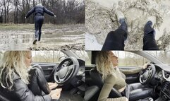 Katya in rubber boots walks in the mud, then does revving barefoot