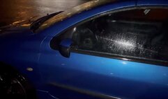 Army, Ranger Boots kick and stomp and vandalize abandoned car, smash windshield, jump on roof