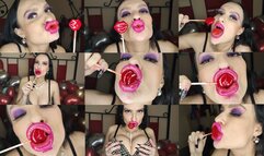 Valentine's day lip fetish sucking lollipop and kissing