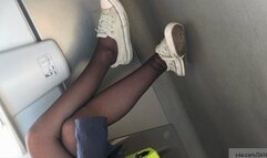 Beauty female crossed legs in nylon with ruined sneakers fetish, dirty shoe and sole details