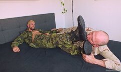 Barefoot soldier Ridick foot worship and tickle