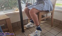 Shoeplay spying on Sporty skirt and socks upskirt foot fetish in public part 1
