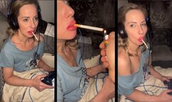 Chain smoking gaming girl get fed by her boyfriend