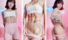 Cute and petite Asian muscle girl flexes and flashes her tits and pussy