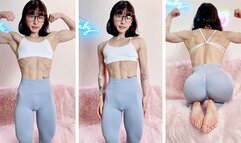 Adorable petite and nerdy Asian muscle girl flexes for you in leggings