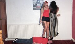 Sophie & Katie Try To Cave In Their Slaves Skull