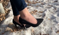girl in high heels cannot climb a mountain, her heels slip too much