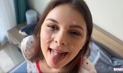 Morning Sex ended with a huge cumshot on her Cute face. Real sextape