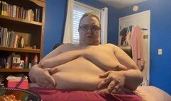 Naked SSBBW Eats Lasagna and Garlic Knots and Burps