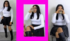 eRica shows us how she drinks a fans cum in her white turtleneck & leather skirt!