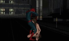 Brunette gets her face fucked by Spiderman