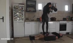 The slave's orgasm under Mistress Cleo's stocking feet