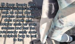 HD Super Sweaty Sock Smelling Giantess takes a walk on a hot day in sneakers comes home does a socks and footplay smells her socks sneakers and feet the puts sweaty smelly socks in a ziplock bag to mail to fan