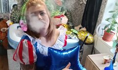 smoking girl play wirh foil balloons