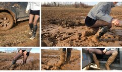 PREMIERE: Sexy Emily stuck in crazy deep soft mud hard in high heel boots
