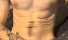 Skinny tatted cock play and cum on shirt