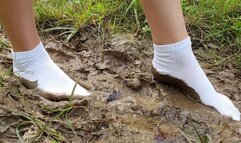 Muddy white socks, white socks forest walk, wet white socks, white socks stuck in mud