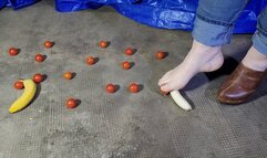 Crushing small tomatoes and bananas