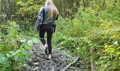 Sexy Nina in white socks in mud, white socks forest walk, wet socks, wet look, white socks stuck in mud