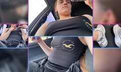 Lonely Girl Breathes Deeply in Car in Parking Lot - Pedals pumping - Sneakers - Belly fetish - Breath play - Girl driver - Voyeur - Tits - Face fetish - Foot fetish - Bloating - Belly inflation